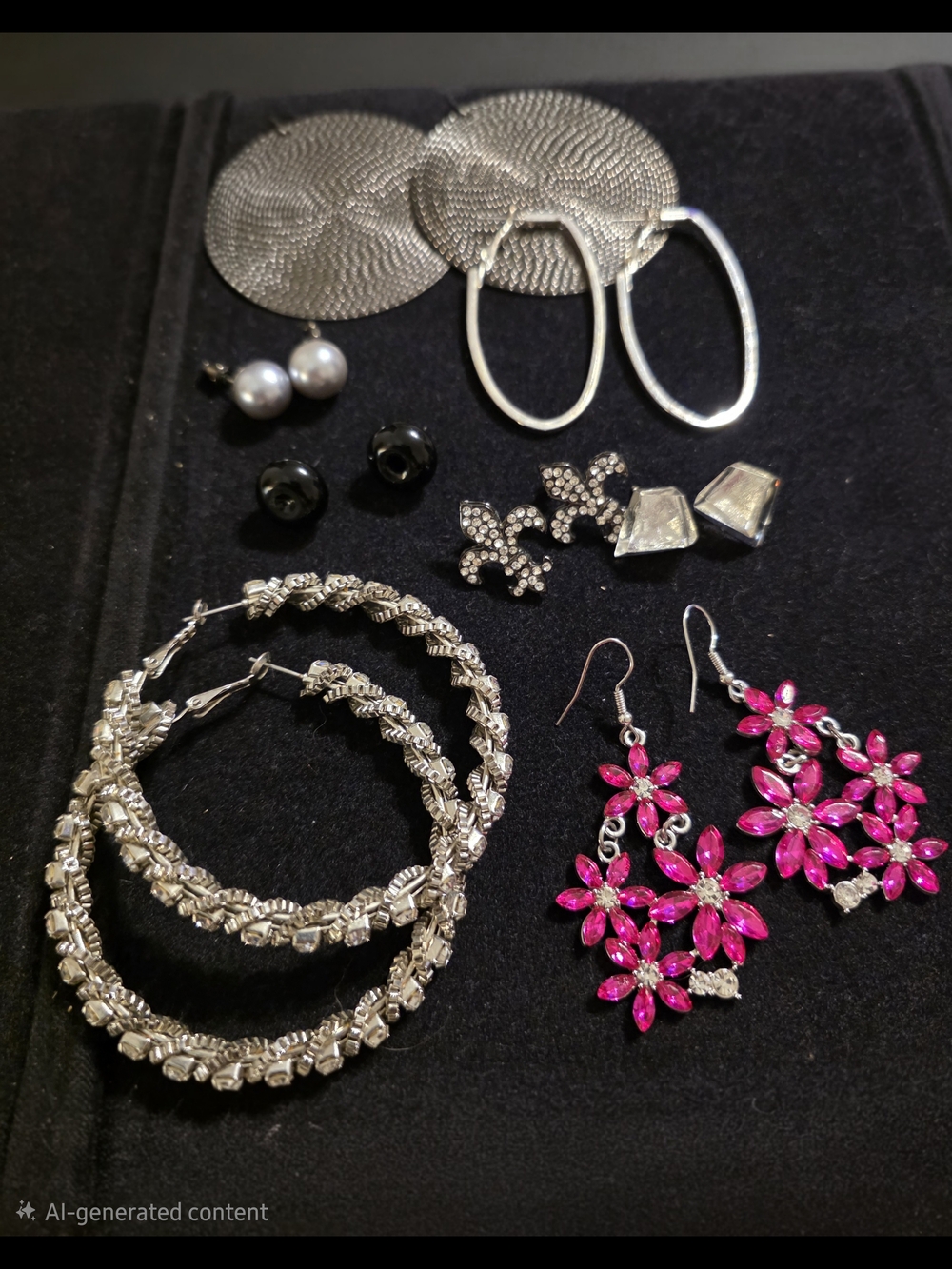 Silver, Black, Clear and Pink Dangle And Stud Earrings Set